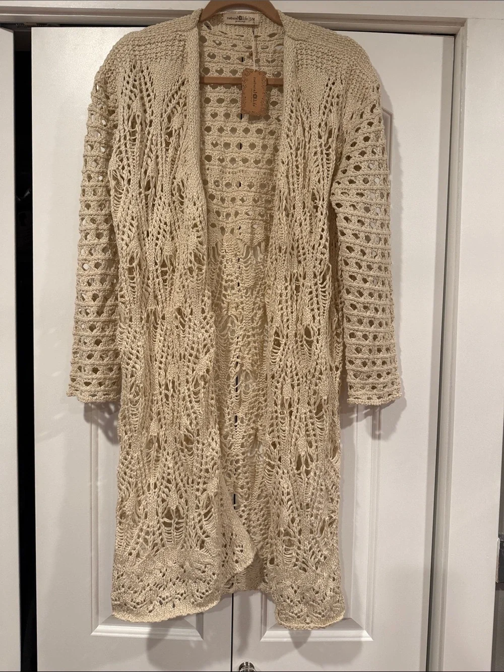 NATURAL LIFE Abigail Cream Open-Knit Crochet Duster Cardigan s/m